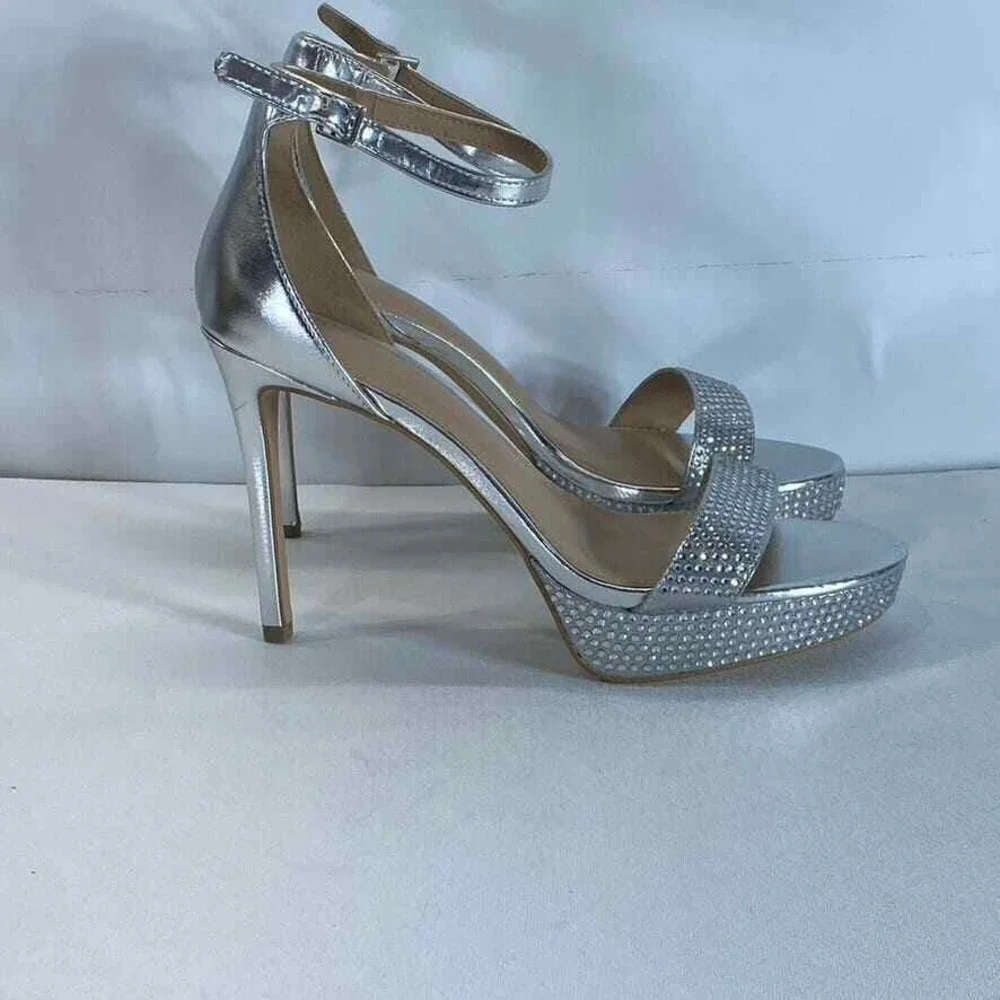 BCBGeneration Nallah Silver Rhinestone Platform Heels Ankle Strap Womens 9 Shoes